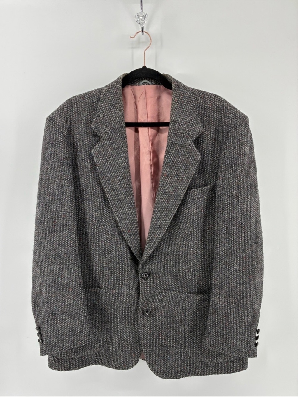 Vintage Harris Tweed 100% Wool Men's Classic Gray Blazer with Pink Lining